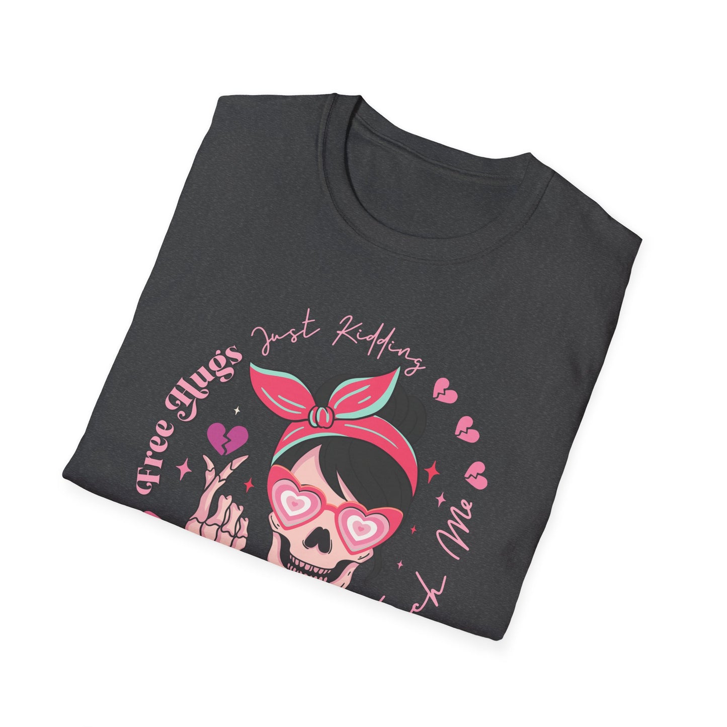 Sassy Skull 'Free Hugs Just Kidding' T-Shirt | Edgy Pink Heart Sunglasses & Broken Hearts Tee | Funny Personal Space Gift for Her