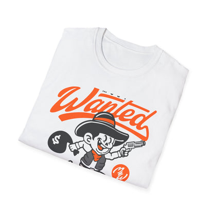 Most Wanted Urban Outlaw T-Shirt | Edgy Rebel Streetwear Tee with Cowboy, Gun & Money Bag Design. Unstoppable Style!