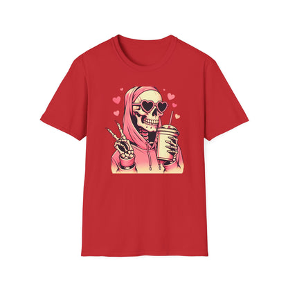 Trendy Pink Skeleton T-Shirt: Chill Vibes, Heart Sunglasses & Peace Sign Tee – Spooky Cute Aesthetic for Women & Teens
