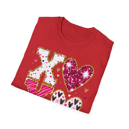 Sparkly XO Hearts T-Shirt | Adorable Pink Glitter Valentine's Day & Love Tee for Her | Hugs Kisses Style