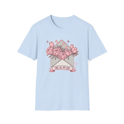 Sweet Love Letter T-Shirt: 'Take All My Love' Peony & Tulip Envelope Tee | Romantic Gift for Her
