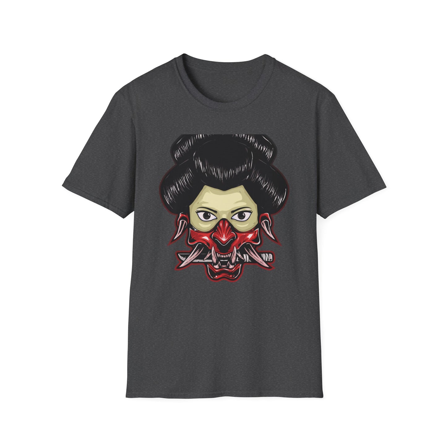 Fierce Hannya Mask T-Shirt | Striking Japanese Oni Demon Warrior Tee with Blade | Bold Traditional Art Statement Shirt