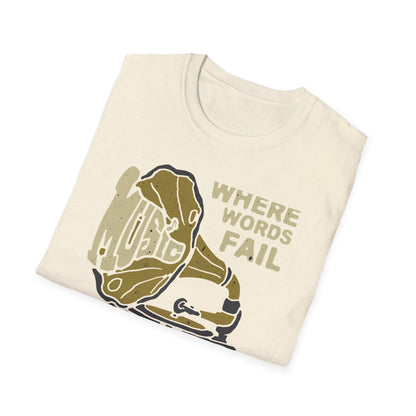 Expressive 'Where Words Fail Music Speaks' T-Shirt - Vintage Gramophone Design for Soulful Music Lovers