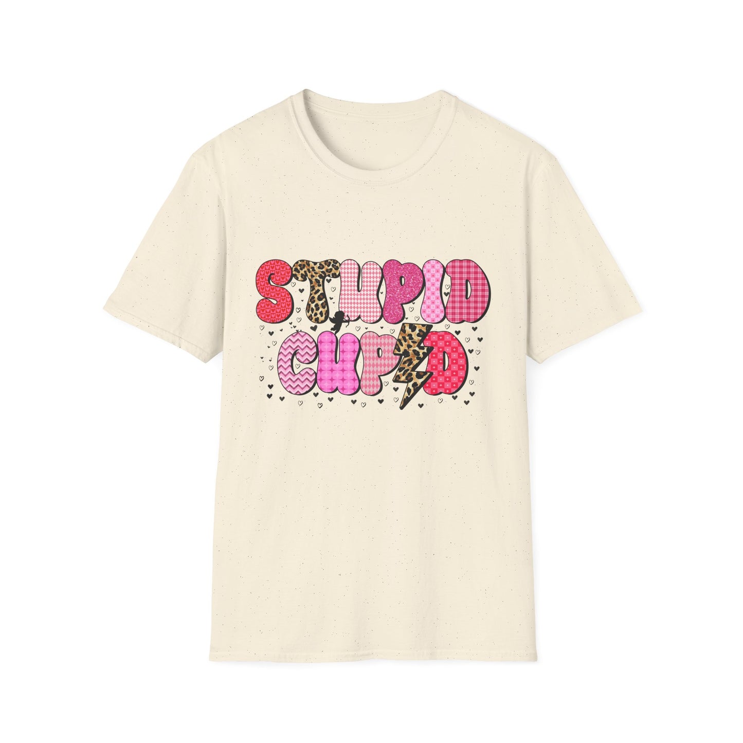 Edgy "Stupid Cupid" T-Shirt - Sarcastic Anti-Valentine's Day Tee with Retro Leopard & Glitter Patterns