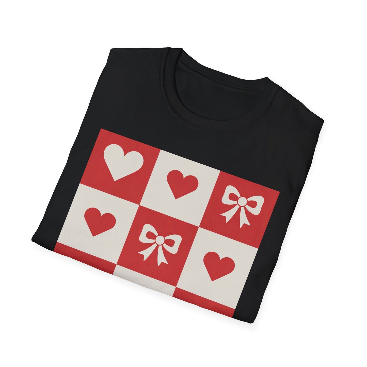 Charming Hearts & Bows Checkerboard T-Shirt | Sweet Love Pattern Tee | Perfect Valentine's Day Gift for Her