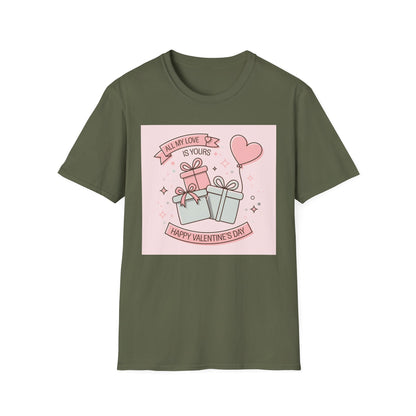 Charming 'All My Love Is Yours' Valentine's Day T-Shirt | Heart Balloon & Gift Boxes Tee | Romantic Gift Apparel