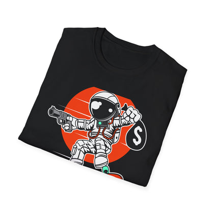 Epic Astronaut Skater T-Shirt: Cosmic Rebel with Cash & Gun | Unique Streetwear Space Outlaw Graphic Tee