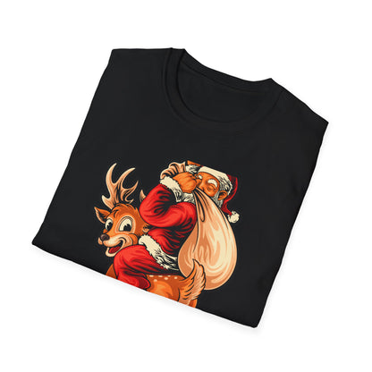 Epic Santa Riding Reindeer T-Shirt - Funny Christmas Piggyback Holiday Tee | Joyful Festive Apparel