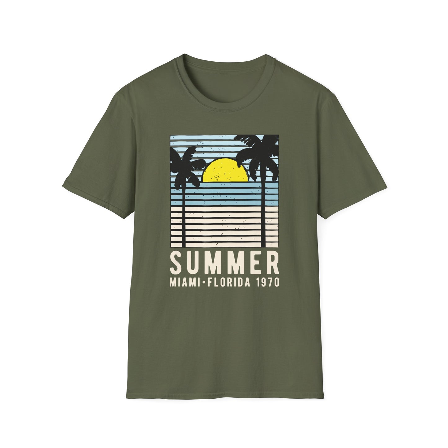 Classic Miami 1970 Florida Summer T-Shirt | Retro Palm Tree Sunset Beach Vacation Tee for Men & Women