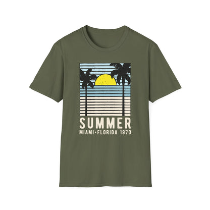 Classic Miami 1970 Florida Summer T-Shirt | Retro Palm Tree Sunset Beach Vacation Tee for Men & Women