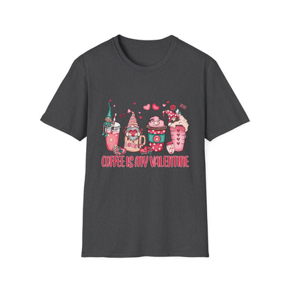 Adorable Coffee is My Valentine Gnomes T-Shirt | Whimsical Hearts & Coffee Lover Tee | Funny Anti-Valentine Gift