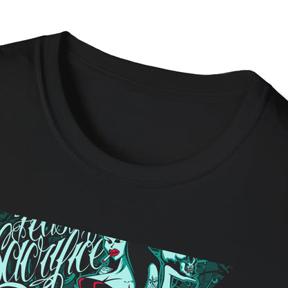Bold 'Feast of Sacrifice' T-Shirt - Edgy Pin-Up Girl, Flaming Skulls & Tattoo Art for Goth & Alternative Style