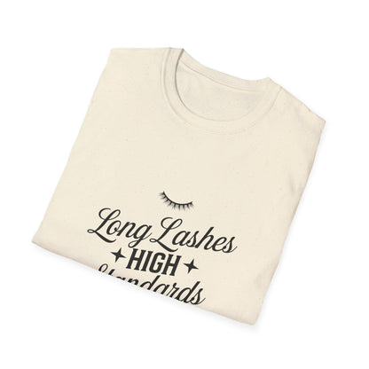 Chic Long Lashes & High Standards T-Shirt | Empowering Beauty Attitude Tee for Confident Women