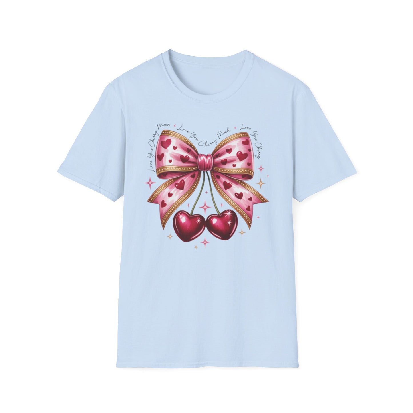Chic Coquette Cherry Hearts Bow T-Shirt | Adorable Pink Romantic Aesthetic Tee | Sweet Valentine's Day Gift for Her