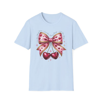 Chic Coquette Cherry Hearts Bow T-Shirt | Adorable Pink Romantic Aesthetic Tee | Sweet Valentine's Day Gift for Her