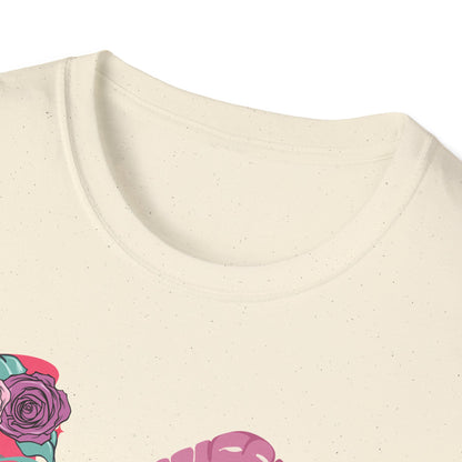 Edgy Pink Grunge T-Shirt: Skull Kiss, Peace Skeleton Hand, Roses & Heart Initial 'E' Design. Trendy Alt Fashion Tee.