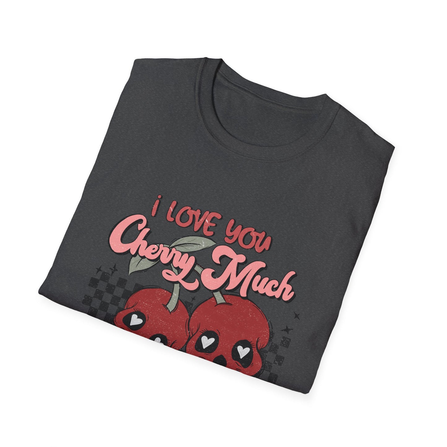 I Love You Cherry Much T-Shirt | Sweet Skull Cherries & Retro Checkerboard Tee | Unique Valentine's Love Pun Top for Couples