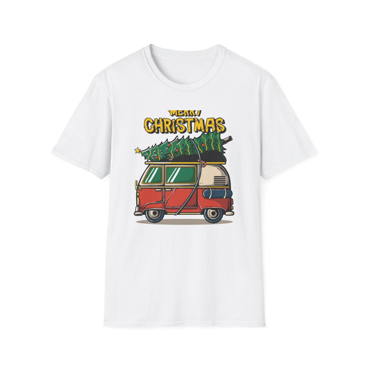 Retro Christmas Van T-Shirt | Awesome Holiday Tree & Skateboard VW Bus Tee | Unique Vintage Xmas Apparel Gift