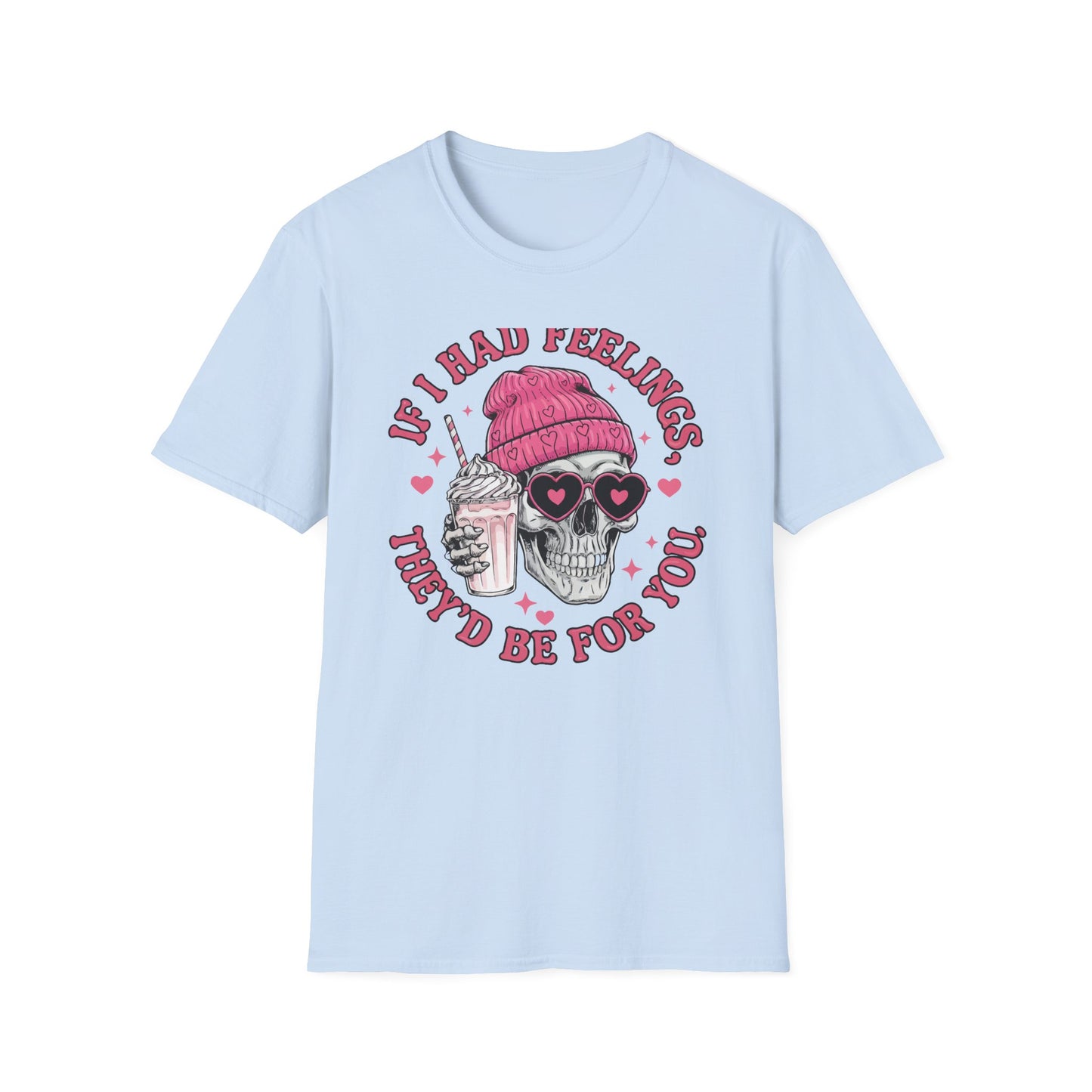 Sassy Skull Feelings T-Shirt - Trendy Pink Beanie & Heart Glasses Milkshake Tee | Funny Anti-Valentine's Edgy Humor Gift