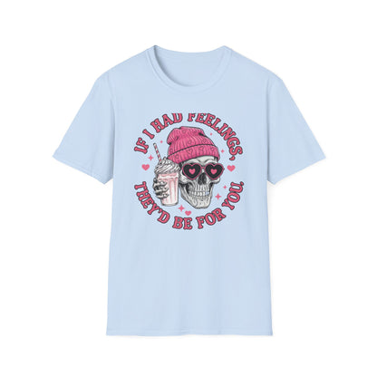 Sassy Skull Feelings T-Shirt - Trendy Pink Beanie & Heart Glasses Milkshake Tee | Funny Anti-Valentine's Edgy Humor Gift