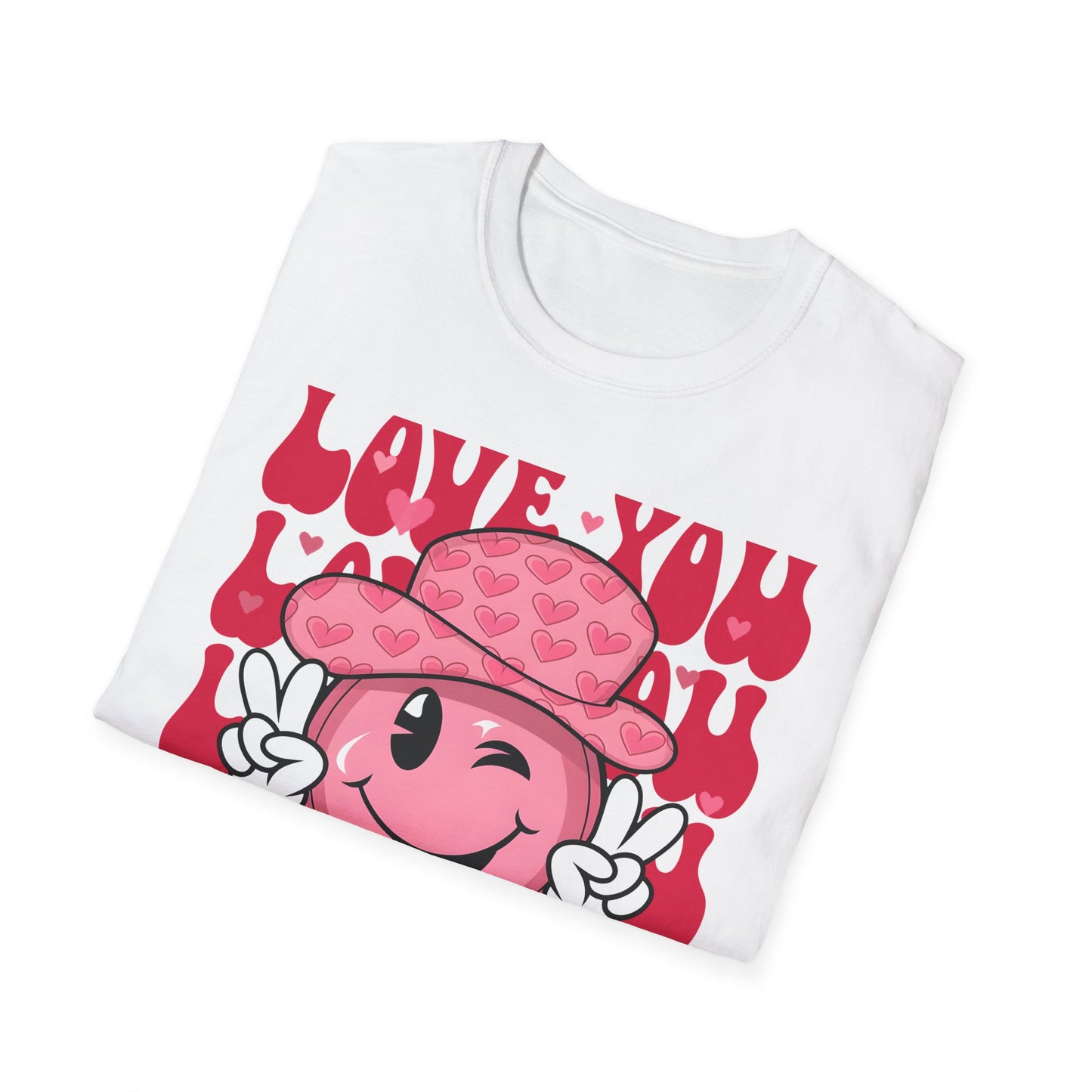 Super Cute Groovy Smiley Face T-Shirt - Pink Hearts Cowboy Hat & Peace Sign - Awesome 'Love You' Tee for Valentine's Day