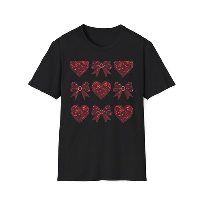Dazzling Sparkle Hearts & Bows T-Shirt | Chic Glitter Love Tee for Women | Radiant Valentine's Day Gift