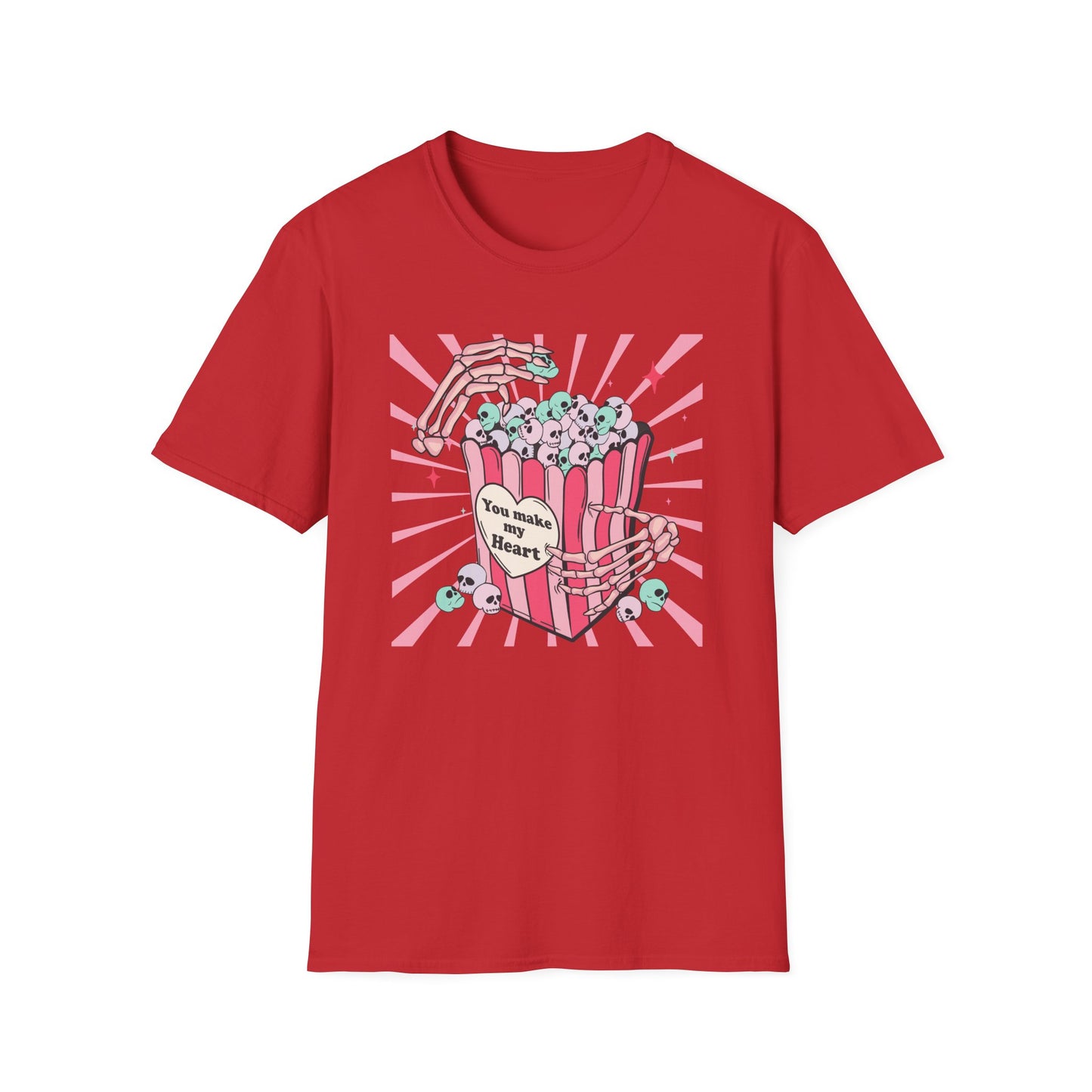 Spooky Sweet Skeleton 'You Make My Heart' T-Shirt | Pastel Goth Skull Popcorn Tee | Edgy Valentine's Day Gift for Unique Love