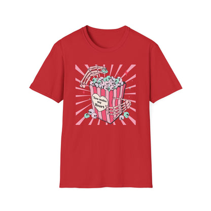 Spooky Sweet Skeleton 'You Make My Heart' T-Shirt | Pastel Goth Skull Popcorn Tee | Edgy Valentine's Day Gift for Unique Love