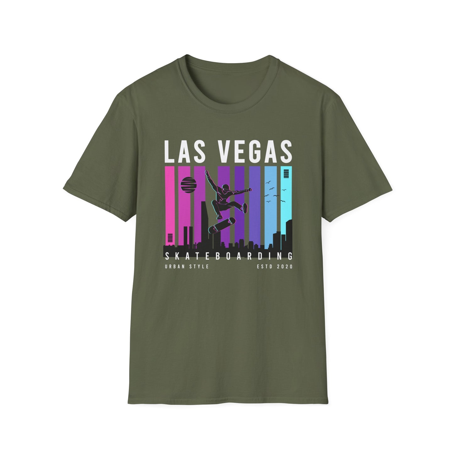 Dynamic Neon Skater T-Shirt | Urban City Skyline Streetwear Tee | Vibrant Skateboarding Style Apparel for All