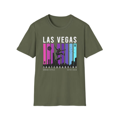 Dynamic Neon Skater T-Shirt | Urban City Skyline Streetwear Tee | Vibrant Skateboarding Style Apparel for All