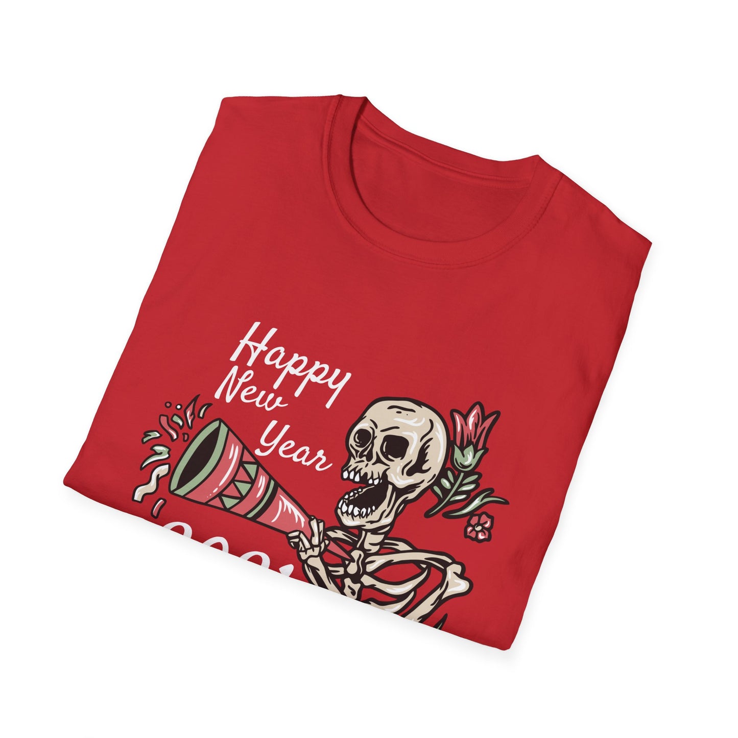 Vibrant Party Skeleton T-Shirt - Fun Quirky Floral Horn Blasting Graphic Tee