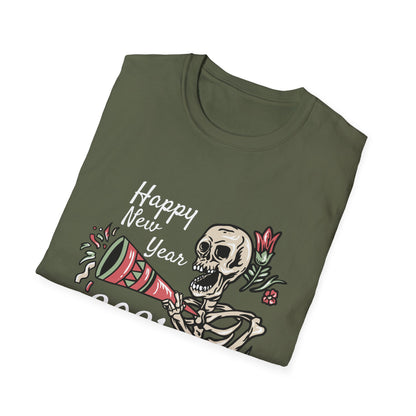 Vibrant Party Skeleton T-Shirt - Fun Quirky Floral Horn Blasting Graphic Tee