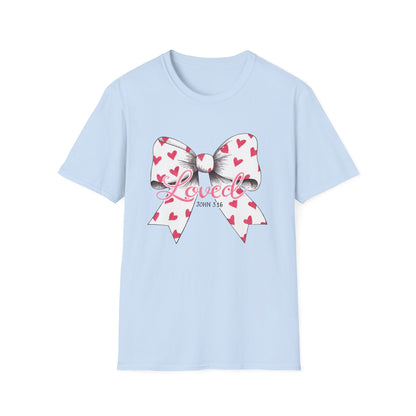 Inspiring 'Loved' John 3:16 T-Shirt | Christian Faith Tee with Hearts Bow | Beautiful Spiritual Gift for Women