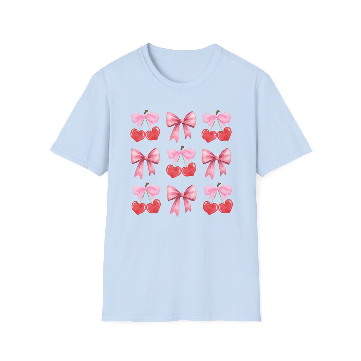 Delightful Pink Bow & Heart Cherry T-Shirt - Adorable Lovecore Aesthetic Tee for Her | Sweet Valentine's Gift