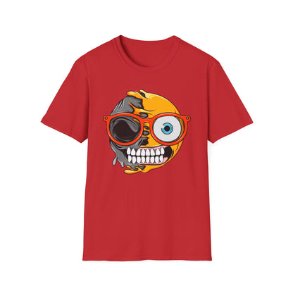 Bold Melting Emoji Skull T-Shirt | Unique Split Face Graphic Tee | Edgy Dual Personality Statement Top