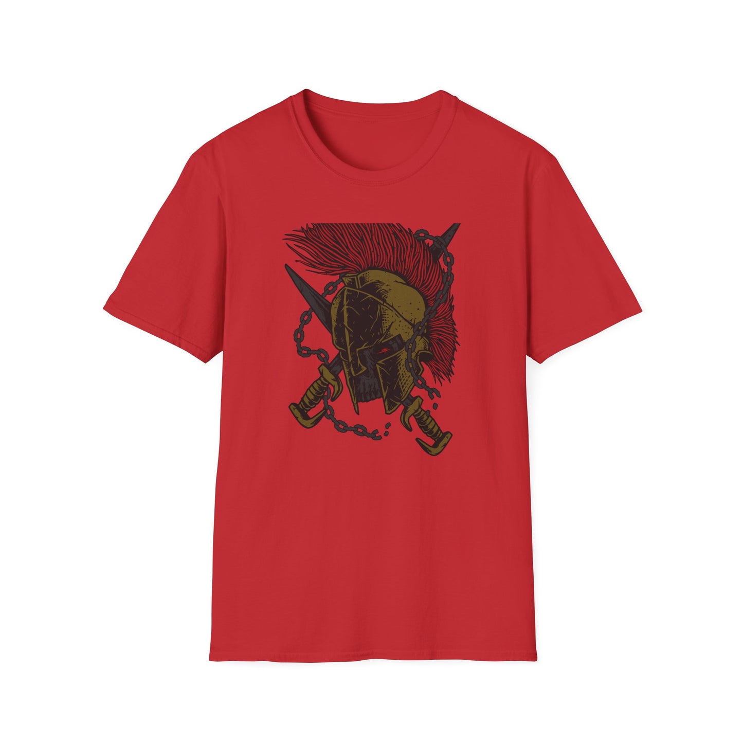 Epic Spartan Skull Helmet T-Shirt - Fearless Warrior Design with Swords & Chains for Men