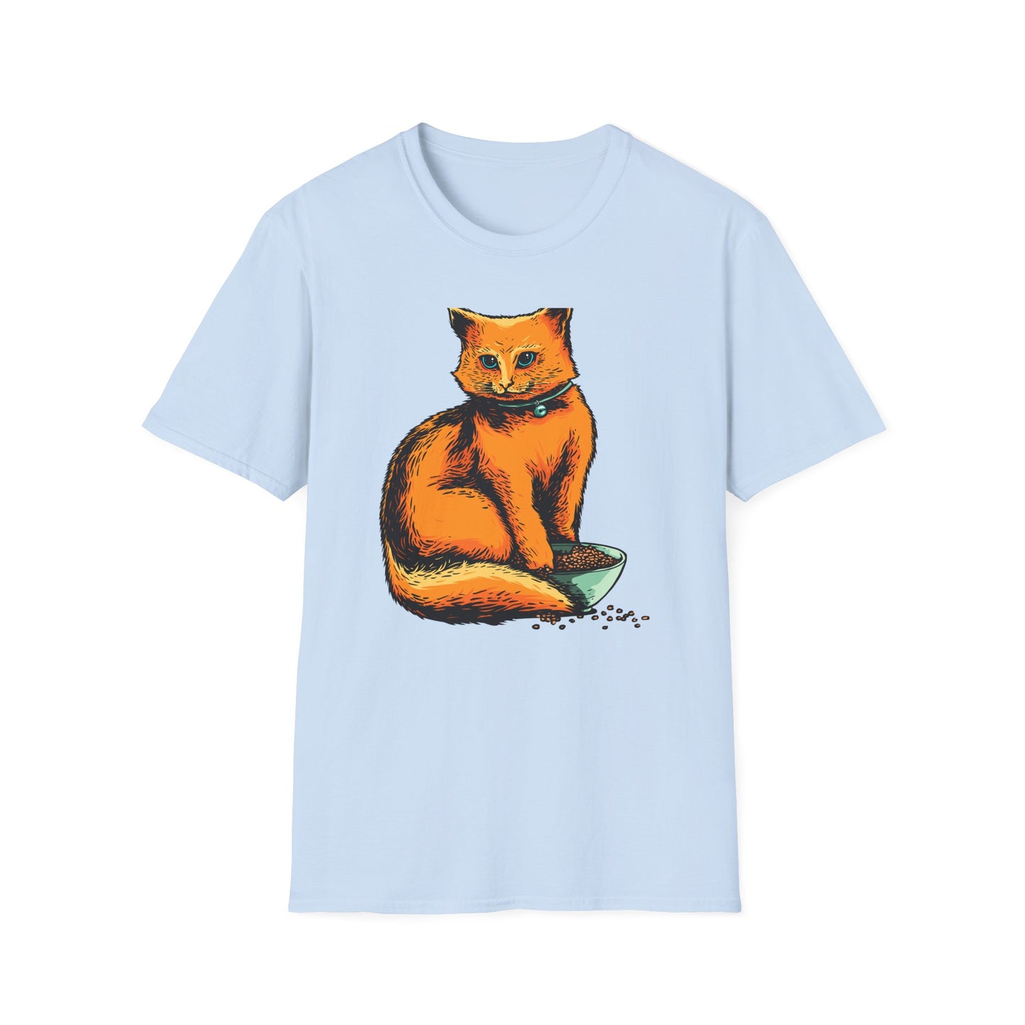 Vibrant Orange Cat & Food Bowl T-Shirt | Adorable Blue-Eyed Feline Lover Tee | Unique Pet Owner Gift Idea