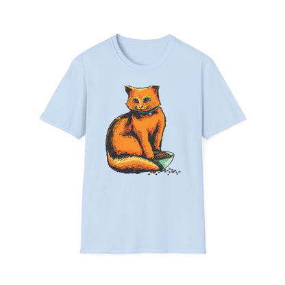 Vibrant Orange Cat & Food Bowl T-Shirt | Adorable Blue-Eyed Feline Lover Tee | Unique Pet Owner Gift Idea