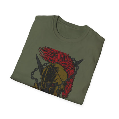 Epic Spartan Skull Helmet T-Shirt - Fearless Warrior Design with Swords & Chains for Men
