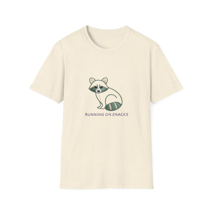 Hilarious 'Running on Snacks' Raccoon T-Shirt - Cozy Embroidered Style Animal Lover Tee, Perfect Gift!