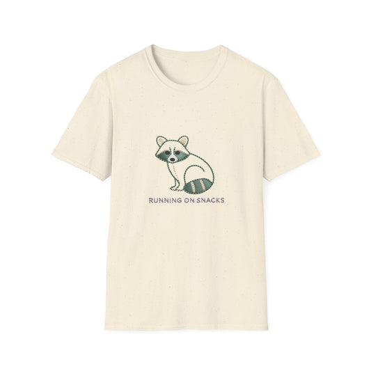 Hilarious 'Running on Snacks' Raccoon T-Shirt - Cozy Embroidered Style Animal Lover Tee, Perfect Gift!