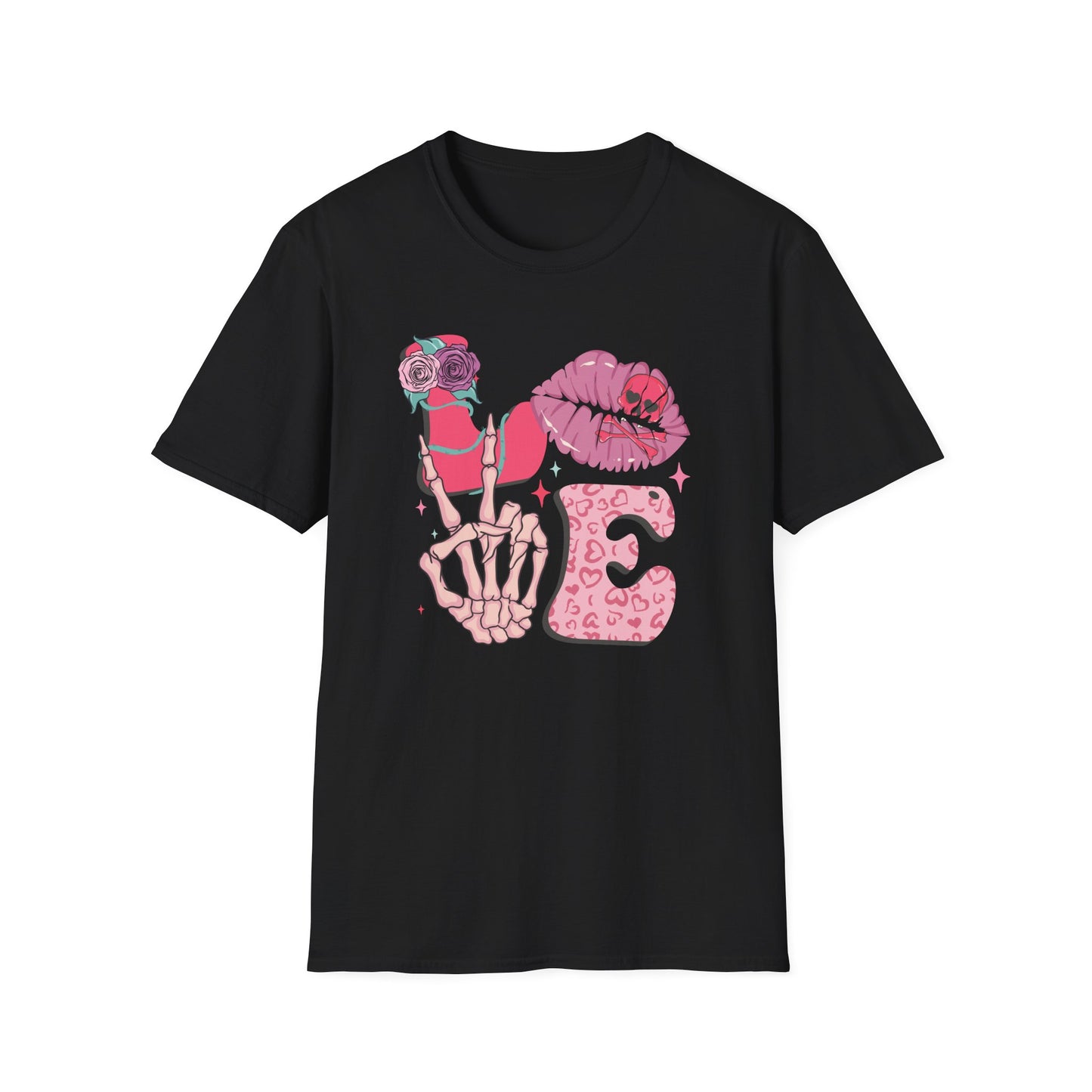 Edgy Pink Grunge T-Shirt: Skull Kiss, Peace Skeleton Hand, Roses & Heart Initial 'E' Design. Trendy Alt Fashion Tee.