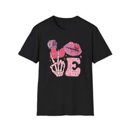 Edgy Pink Grunge T-Shirt: Skull Kiss, Peace Skeleton Hand, Roses & Heart Initial 'E' Design. Trendy Alt Fashion Tee.