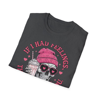 Sassy Skull Feelings T-Shirt - Trendy Pink Beanie & Heart Glasses Milkshake Tee | Funny Anti-Valentine's Edgy Humor Gift
