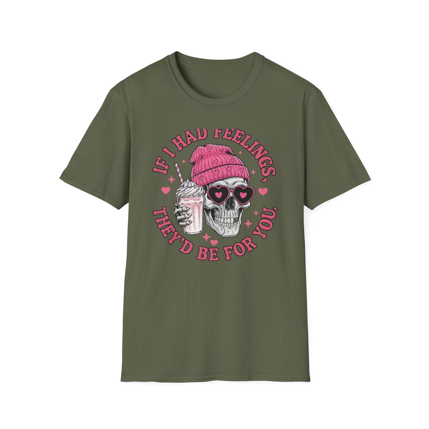 Sassy Skull Feelings T-Shirt - Trendy Pink Beanie & Heart Glasses Milkshake Tee | Funny Anti-Valentine's Edgy Humor Gift