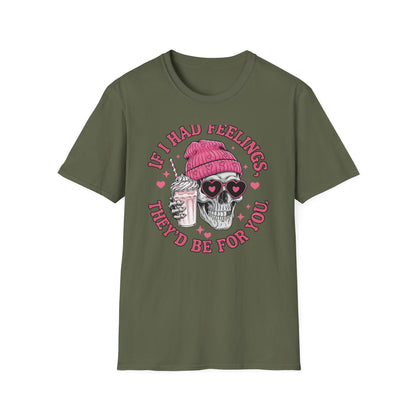Sassy Skull Feelings T-Shirt - Trendy Pink Beanie & Heart Glasses Milkshake Tee | Funny Anti-Valentine's Edgy Humor Gift