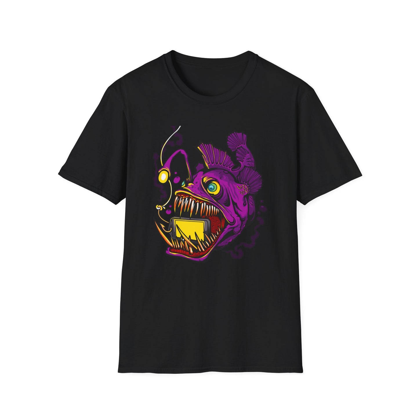 Fierce Anglerfish Smartphone T-Shirt - Deep Sea Tech Monster Graphic Tee | Unique & Trendy Gift for Gamers