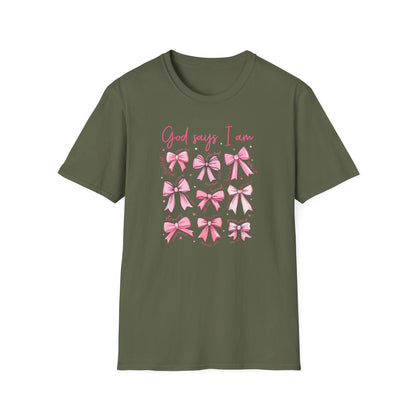 Powerful "God Says I Am" Christian T-Shirt for Women | Inspiring Bible Verse & Pink Bows Tee | Empowering Faith Gift