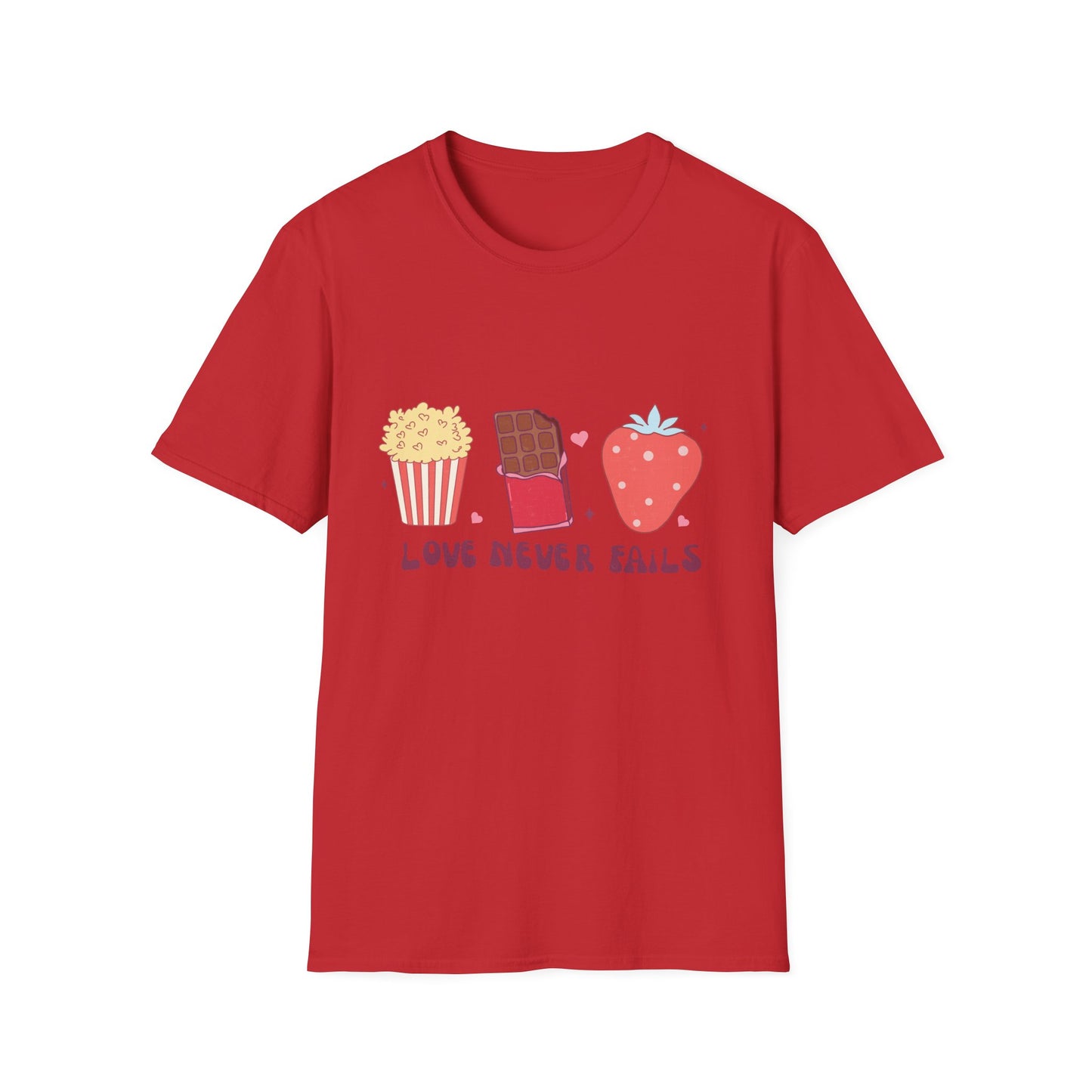 Delicious Retro Love Never Fails T-Shirt - Popcorn, Chocolate, Strawberry Snack Tee for Foodies & Romantics
