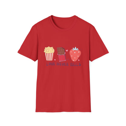 Delicious Retro Love Never Fails T-Shirt - Popcorn, Chocolate, Strawberry Snack Tee for Foodies & Romantics